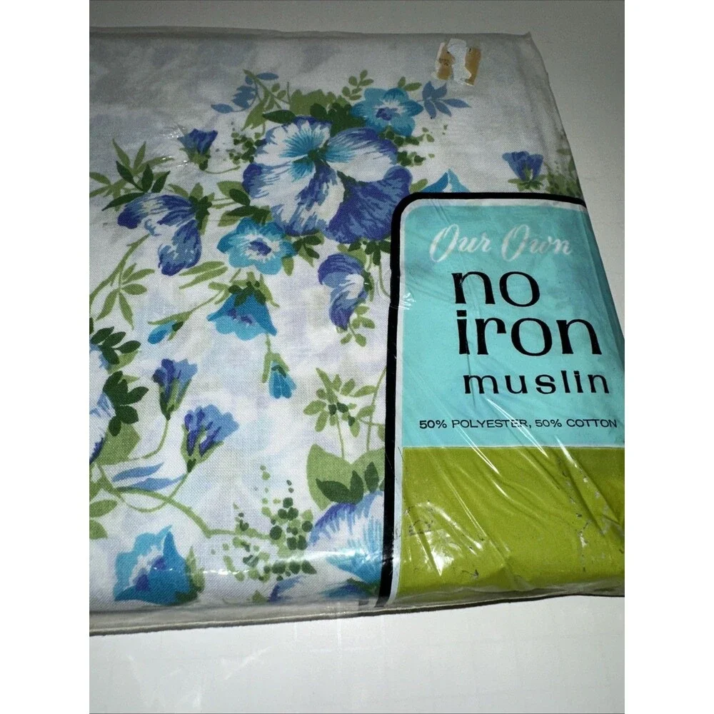 VTG NIP Our Own Twin Flat Sheet Blue Floral No Iron Muslin NOS Retro JC Penny